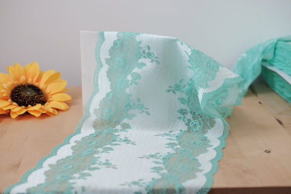 1 YD of 9" Aqua/Silvery Mint Metallic Floral Stretch Lace for Bramaking Lingerie