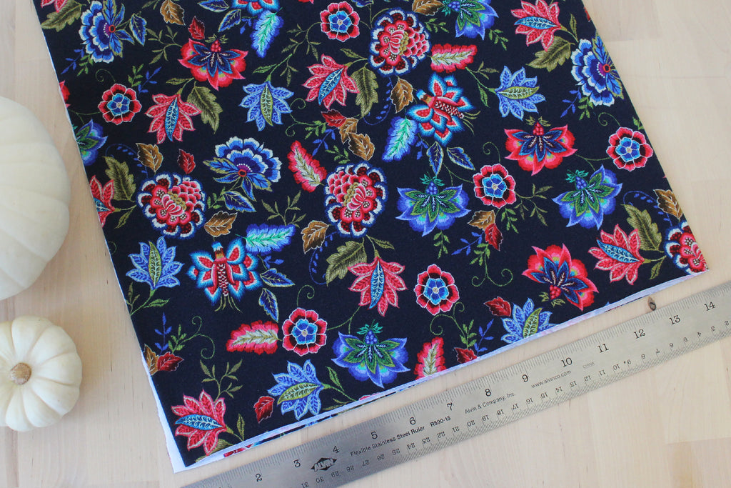 1/2 YD Dark Navy Multi Floral Organic Cotton Jersey Spandex (Digital Print)