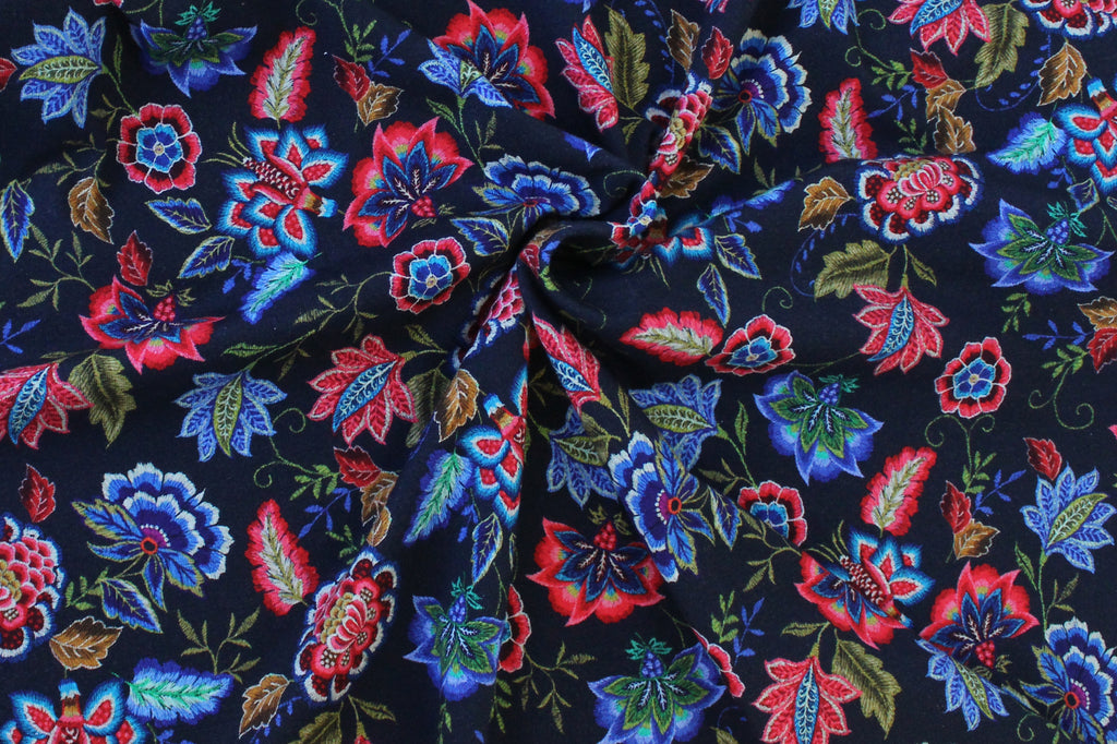 1/2 YD Dark Navy Multi Floral Organic Cotton Jersey Spandex (Digital Print)