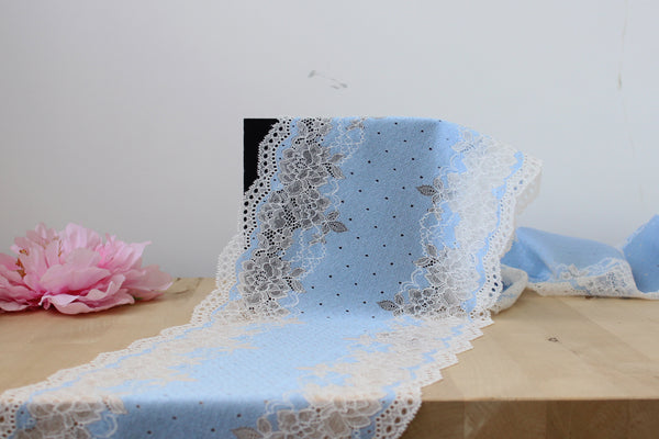 1 YD of 8.5" Fairytale Blue/Off-White Floral Stretch Lace for Bramaking Lingerie