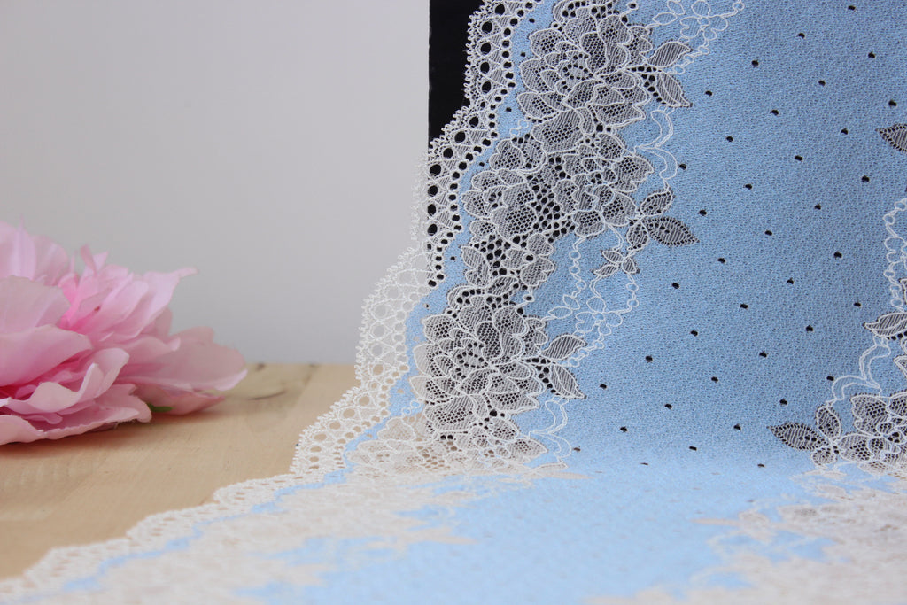 1 YD of 8.5" Fairytale Blue/Off-White Floral Stretch Lace for Bramaking Lingerie