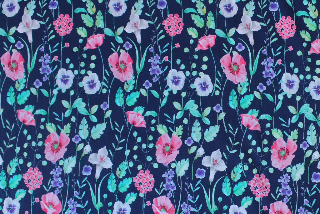 1/2 YD Navy Floral Multi Organic French Terry with Spandex (Perfect for Sweat Shirts & Sweat Pants!)