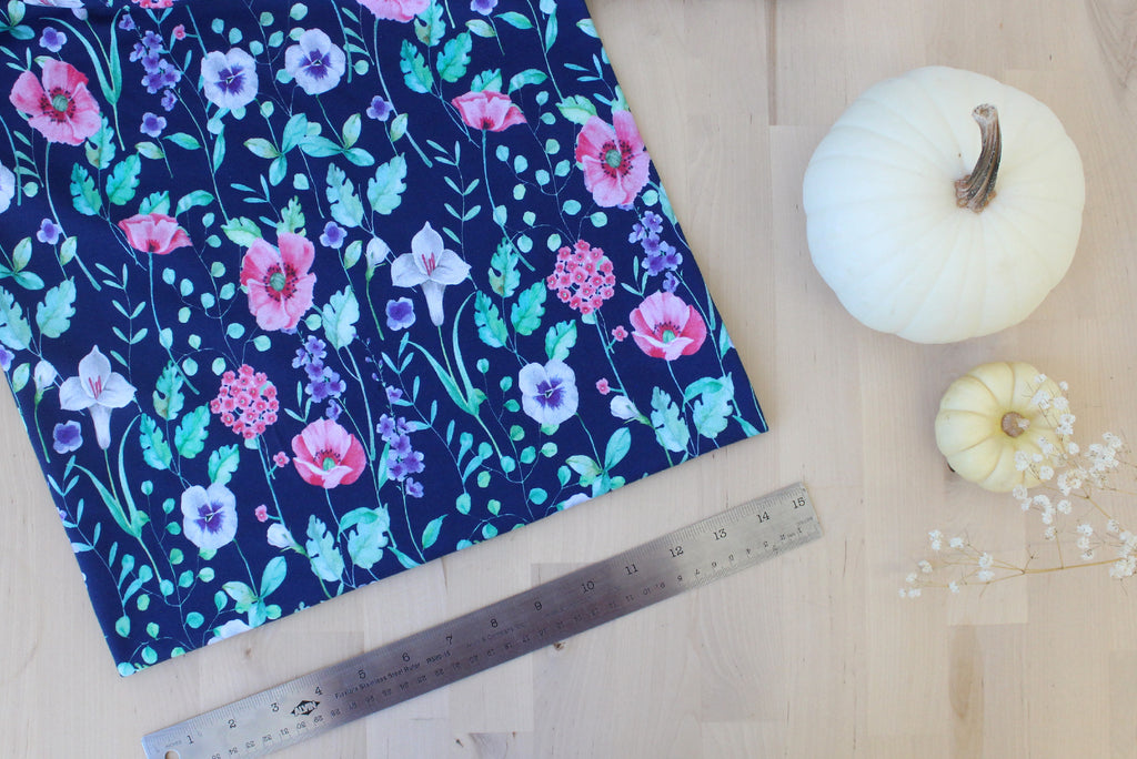1/2 YD Navy Floral Multi Organic French Terry with Spandex (Perfect for Sweat Shirts & Sweat Pants!)