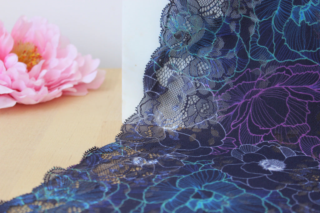 1 YD of 9" Purple Blue Multi Floral Stretch Lace for Bramaking Lingerie