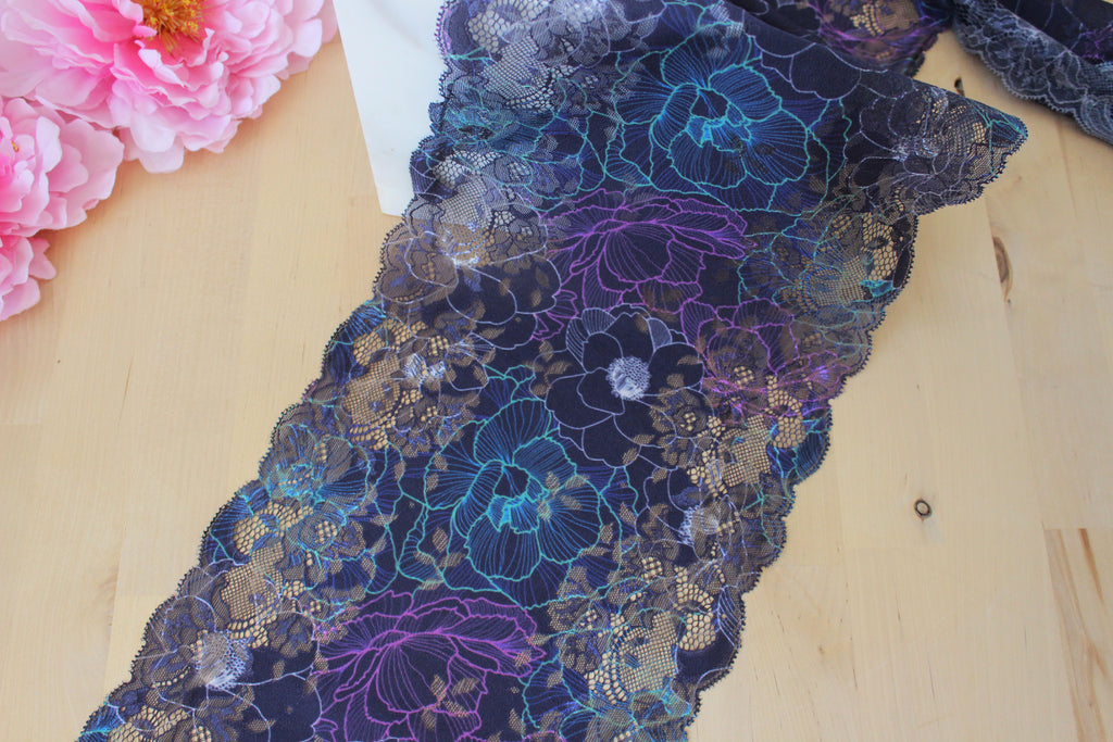 1 YD of 9" Purple Blue Multi Floral Stretch Lace for Bramaking Lingerie