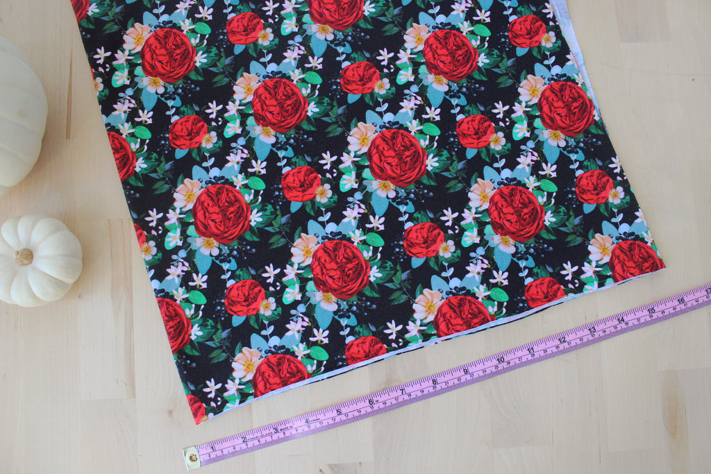 1/2 YD Red Black Multi Floral Organic Cotton Jersey Spandex (Digital Print)