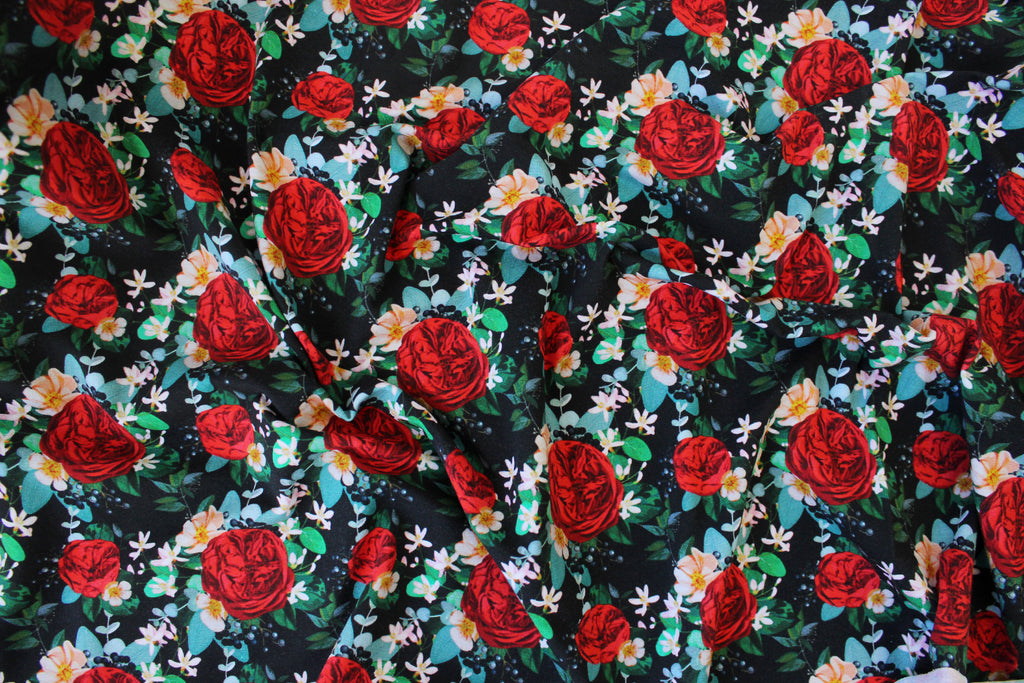 1/2 YD Red Black Multi Floral Organic Cotton Jersey Spandex (Digital Print)